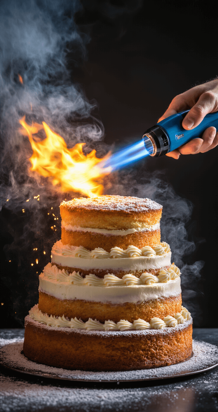 A professional pastry chef uses a kitchen torch to caramelize the sugar on a three-tiered cake, with the process illuminated dramatically to showcase the amber transformation and wafts of smoke against a dark backdrop.