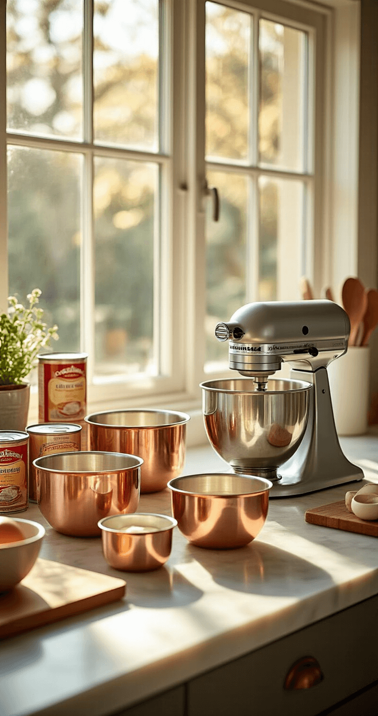 A sunlit modern kitchen countertop featuring organized baking tools, including copper mixing bowls and a stand mixer, alongside fresh ingredients like unopened cans of condensed milk, with warm highlights on stainless steel surfaces.