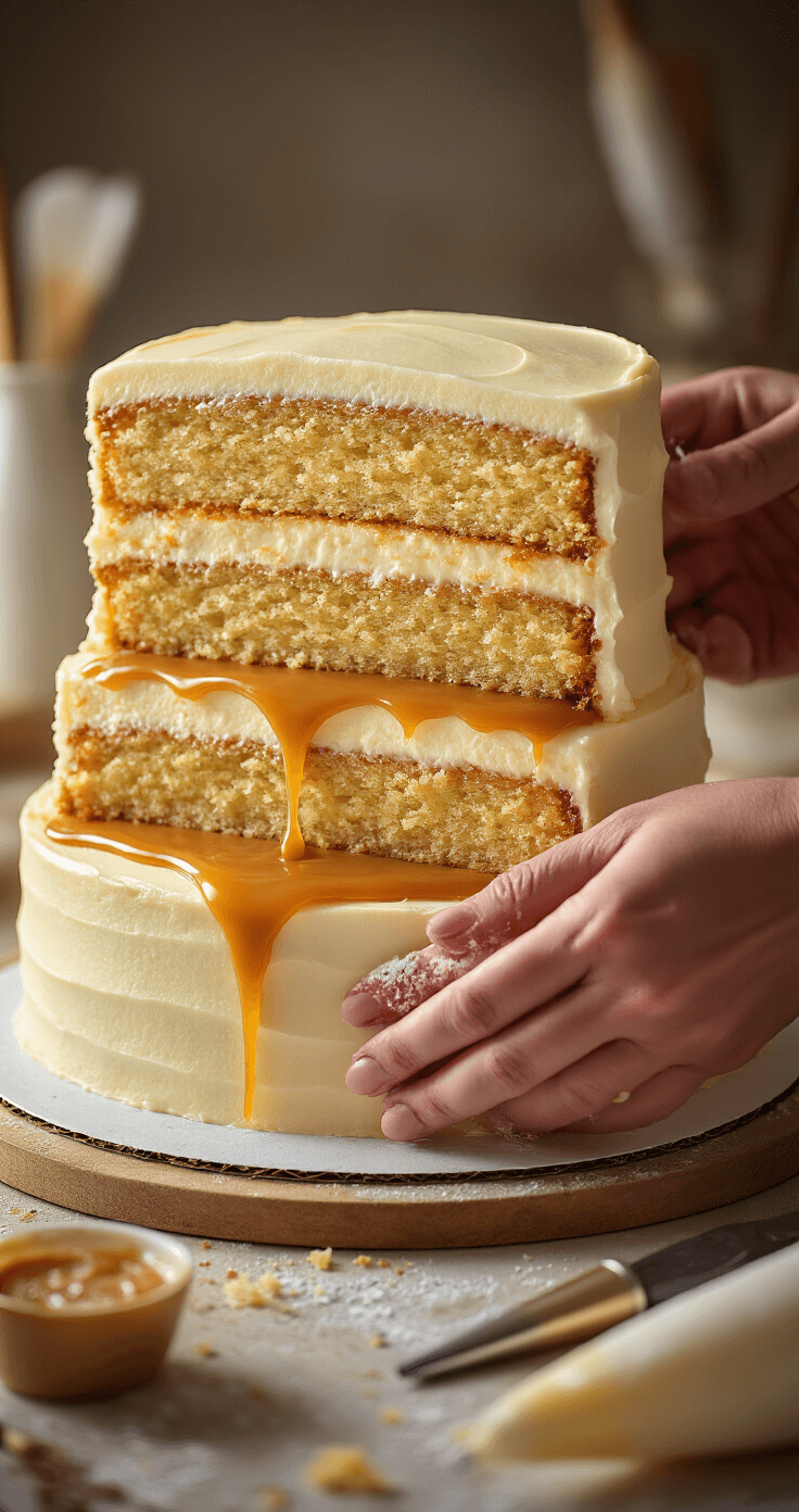 Close-up of hands assembling a three-layer vanilla cake, spreading dulce de leche between layers, with golden caramel drips in dramatic lighting and a soft-focus background of piping bags and decorating tools.