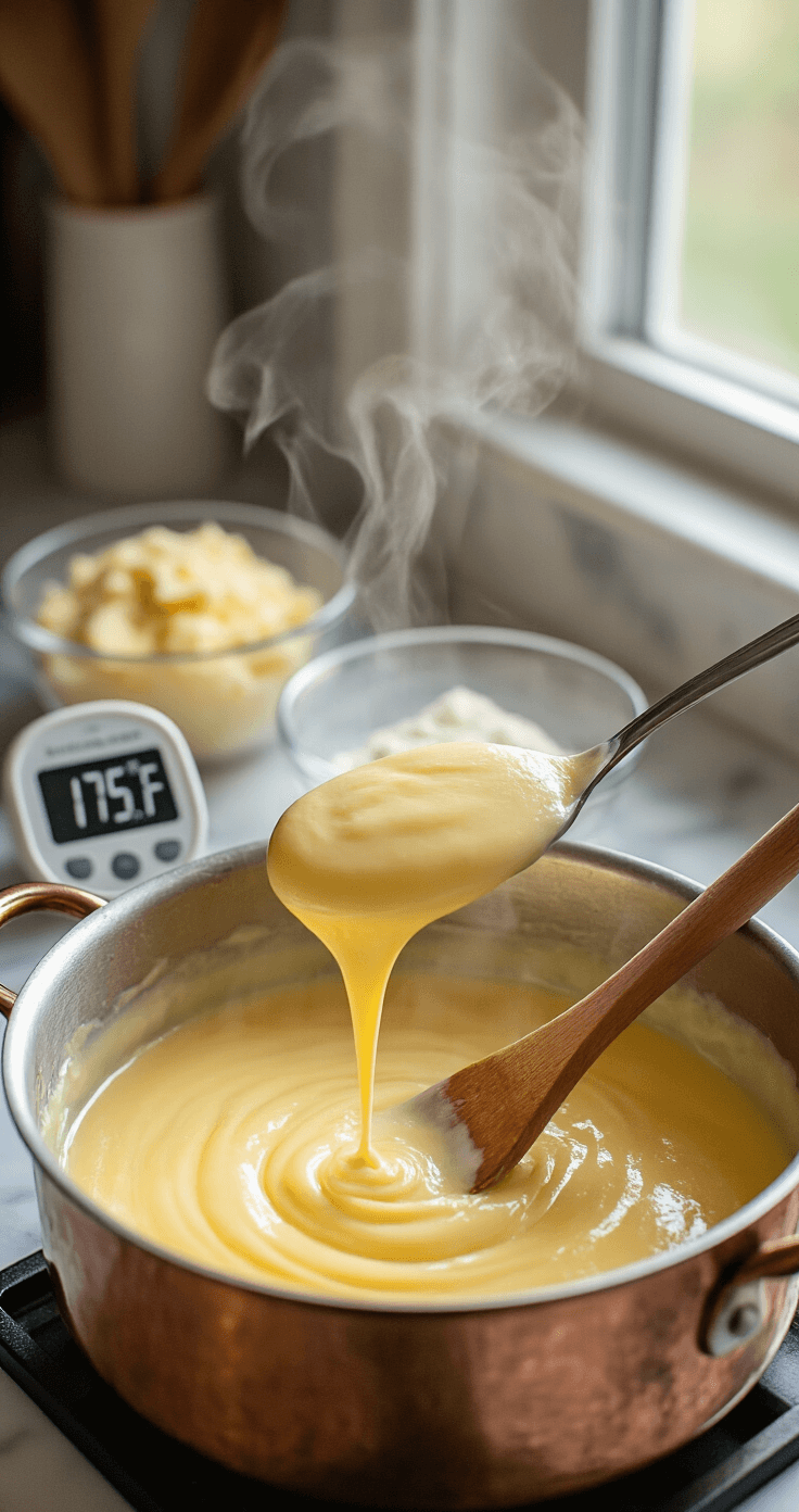 Close-up of golden vanilla custard being stirred in a copper pot with a wooden spoon, steam rising, and a digital thermometer showing 175°F nearby; glass bowls of ingredients are on a marble countertop in soft natural light.