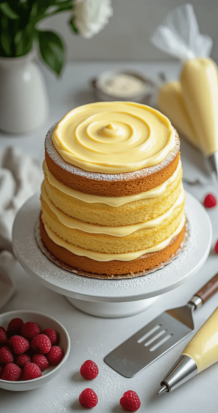 Overhead view of a three-layer vanilla cake being assembled with thick custard between layers, illuminated by natural light, with pastry tools and fresh raspberries nearby.