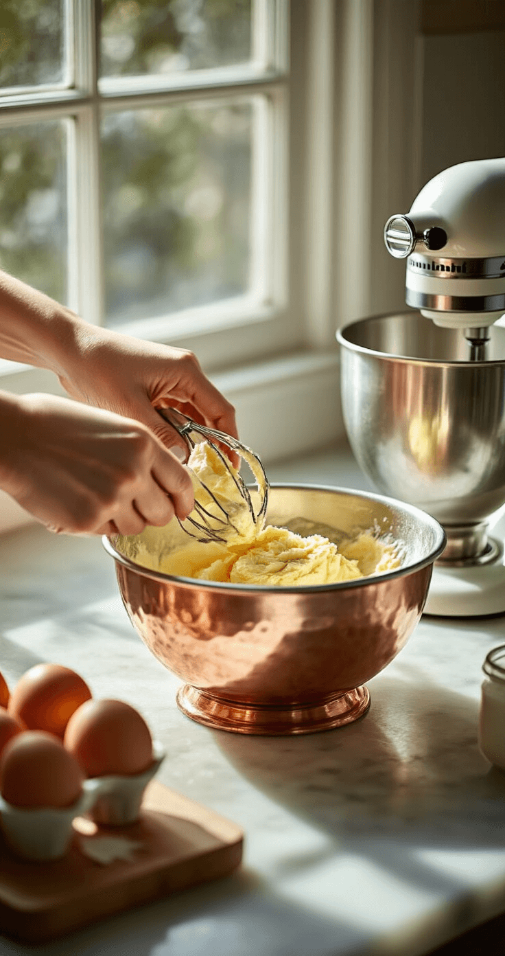 Close-up of hands mixing golden butter and sugar in a vintage copper bowl, with natural light creating shadows that accentuate the texture, a stand mixer in the background, and fresh eggs and vanilla extract on a marble countertop.