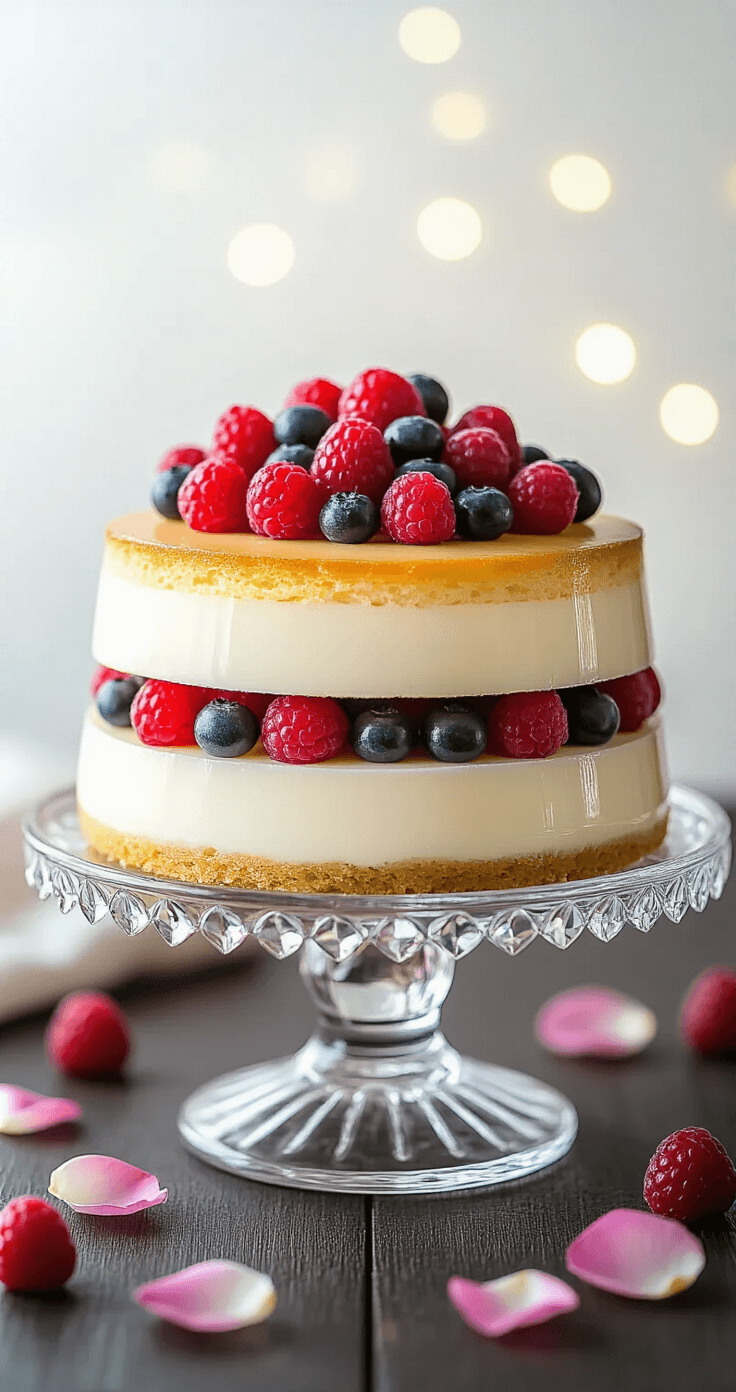 Overhead view of a layered panna cotta dessert on a crystal cake stand, featuring white panna cotta layers and golden cake, garnished with fresh berries, rose petals scattered on a dark wooden surface, with a soft bokeh background.
