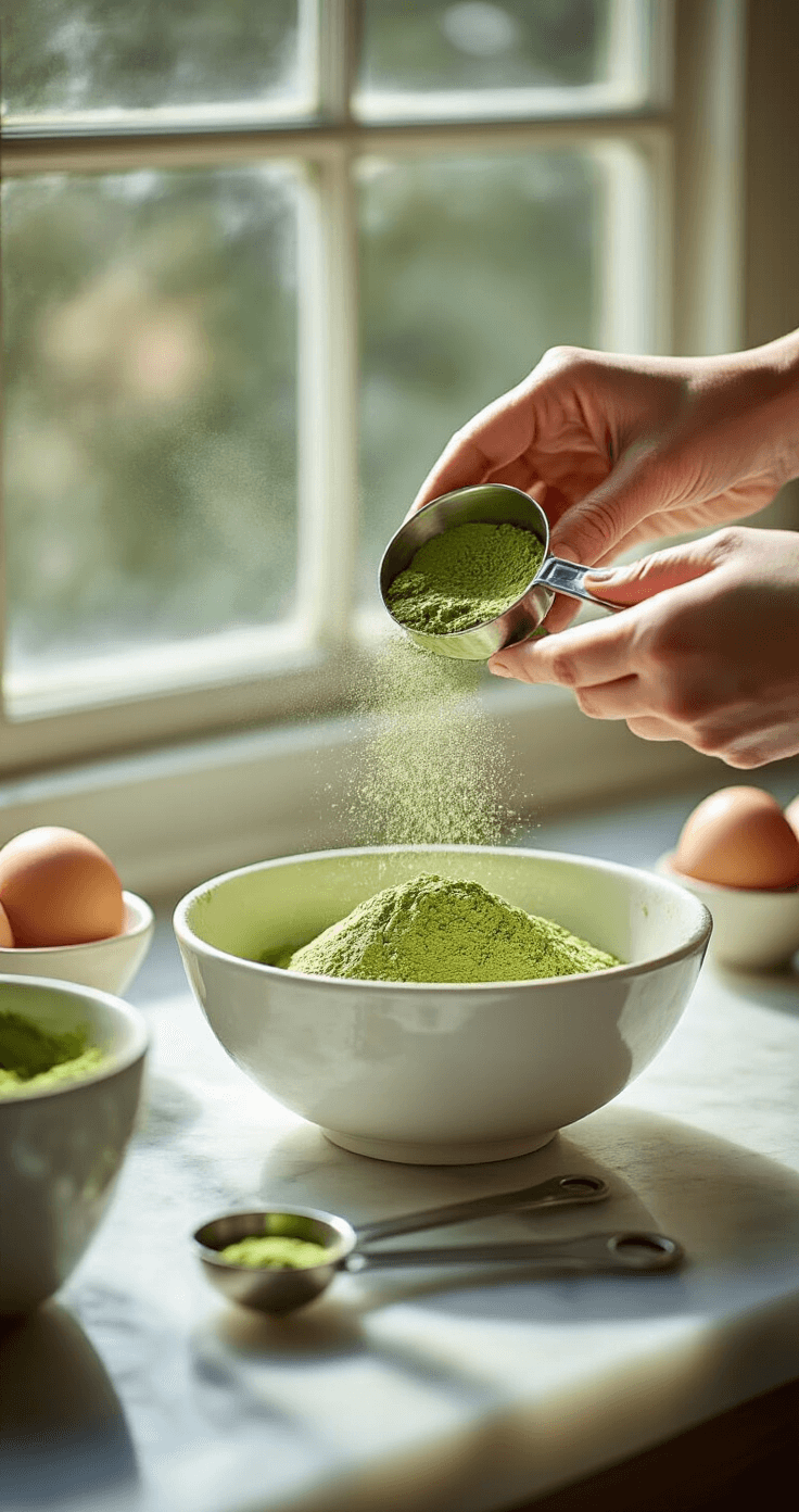 Close-up of hands sifting bright green matcha powder into a white bowl of cake flour, with sunlight creating a soft atmosphere; fine powder particles catching the light, measuring spoons and fresh eggs in the background on a marble countertop.