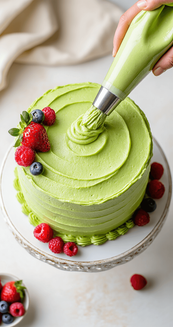 Professional overhead view of silky, jade-green matcha buttercream frosting being applied to a layered cake, surrounded by a piping bag and fresh berries, all elegantly arranged on a vintage cake stand.