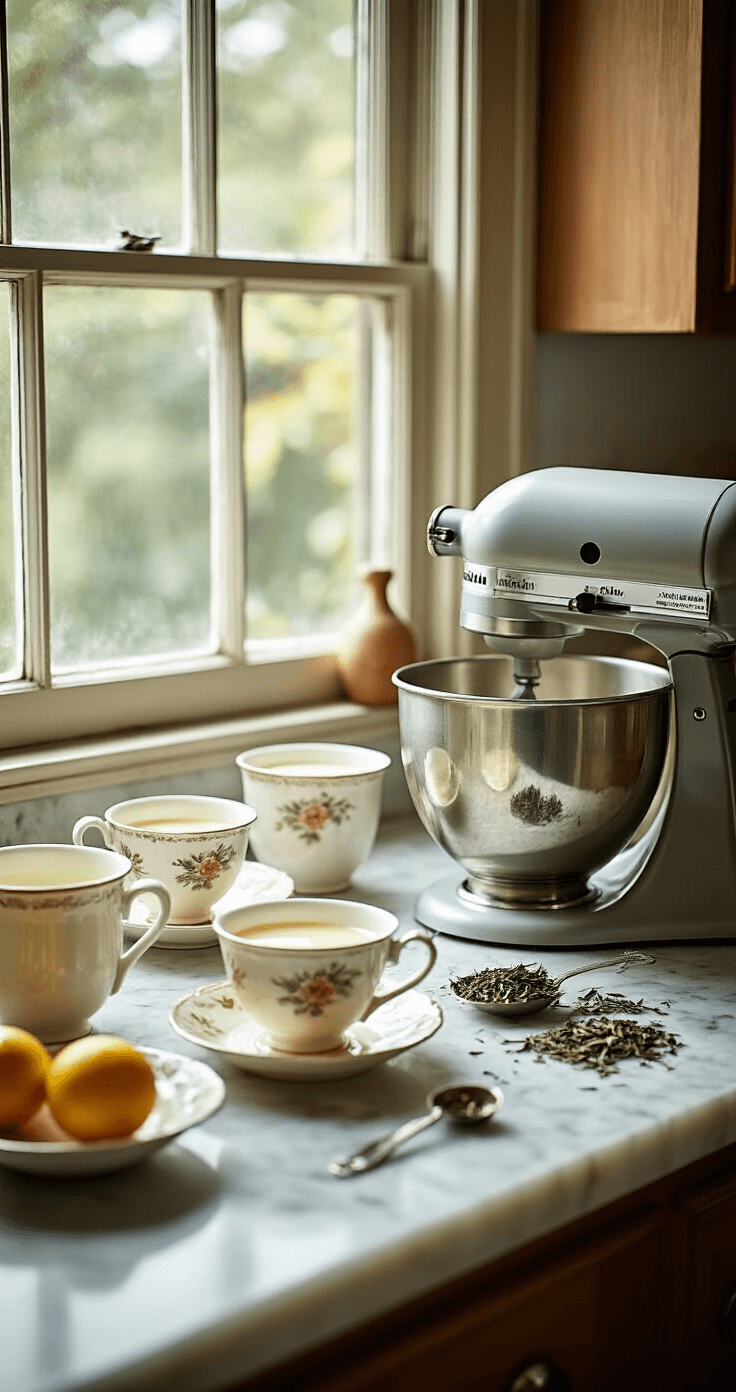 A rustic kitchen with soft natural light highlights a marble countertop where Earl Grey tea leaves steep in warm cream, surrounded by vintage tea cups, measuring spoons, and fresh bergamot zest, with a gleaming KitchenAid mixer in the background.