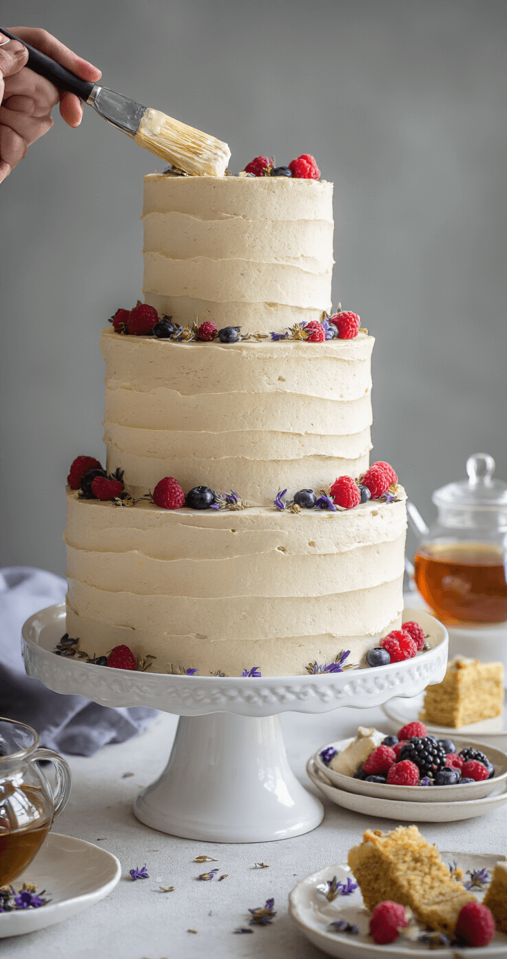 A three-tiered Earl Grey cake on a white cake stand, with lavender buttercream frosting being applied, surrounded by dried flowers and fresh berries, with tea steeping in the background.