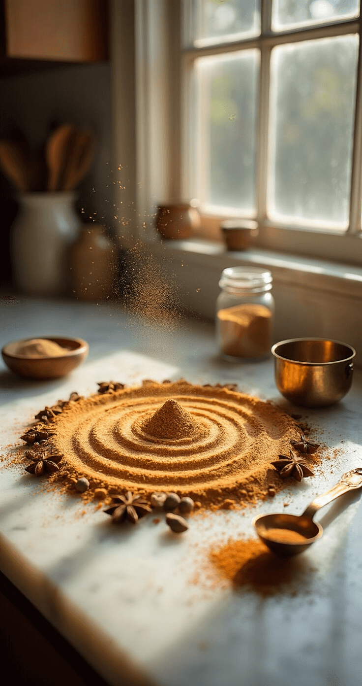 A sunlit kitchen with a marble countertop showcasing a spiral pattern of mixed spices—cinnamon, cardamom, ginger, and cloves—next to a vintage brass measuring spoon, with dust particles illuminated by natural light.