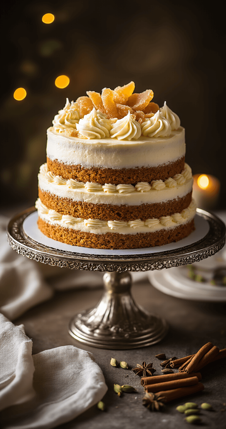 A three-layer chai spice cake on a silver cake stand, adorned with crystallized ginger and cream cheese frosting, surrounded by cardamom pods and cinnamon sticks in warm ambient lighting.