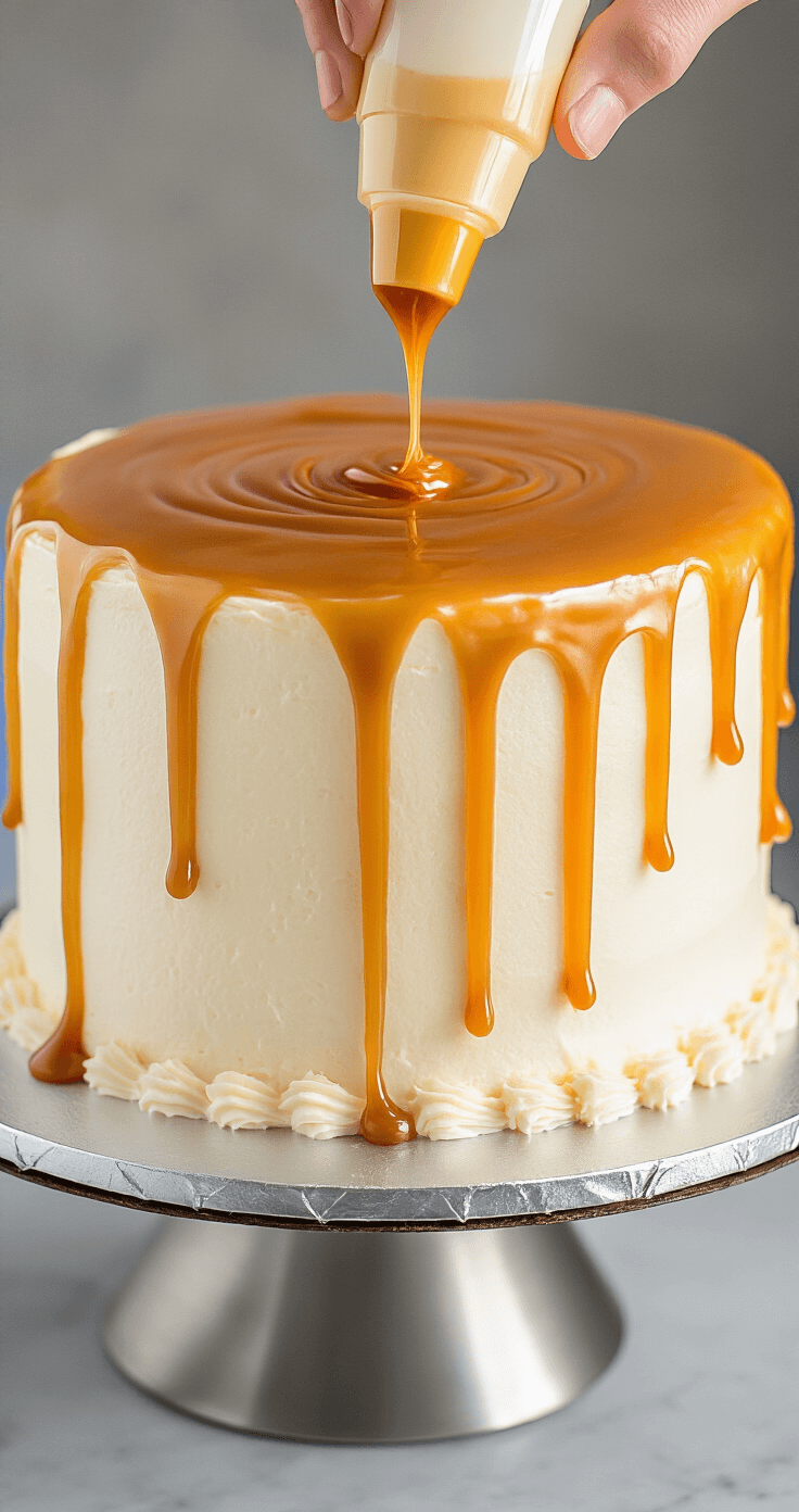 Close-up of golden caramel drizzling down a frosted white cake on a metallic turntable, with studio lighting highlighting its glossy texture, as a hand holds a squeeze bottle.