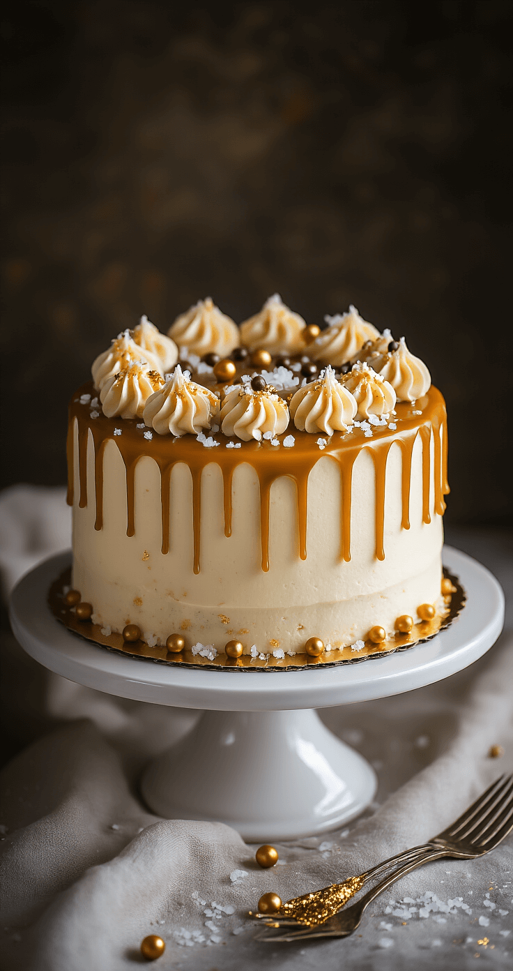 Professional overhead shot of a salted caramel drip cake on a white ceramic stand, featuring smooth buttercream frosting, golden caramel drips, sea salt flakes, chocolate pearls, and edible gold glitter under soft, diffused lighting.