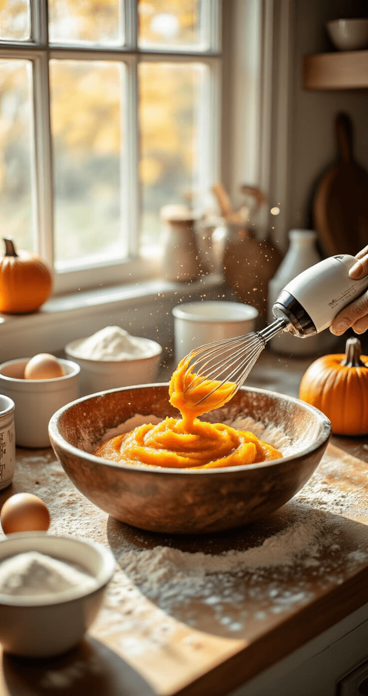 A sunlit kitchen counter scene featuring a rustic wooden bowl of vibrant orange pumpkin puree being mixed with flour, alongside a vintage hand mixer dusted with flour, measuring cups, fresh eggs, and a bottle of vanilla extract, all illuminated by warm autumn light.