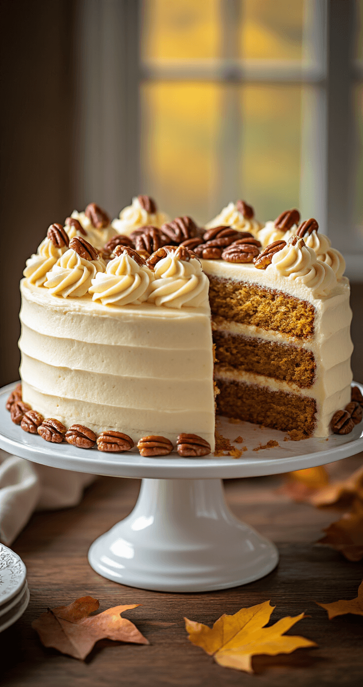 A finished pumpkin spice layer cake with cream cheese frosting rosettes, garnished with candied pecans, on a white ceramic stand, with a slice removed to show its moist texture, set against a rustic wooden table and autumn leaves.