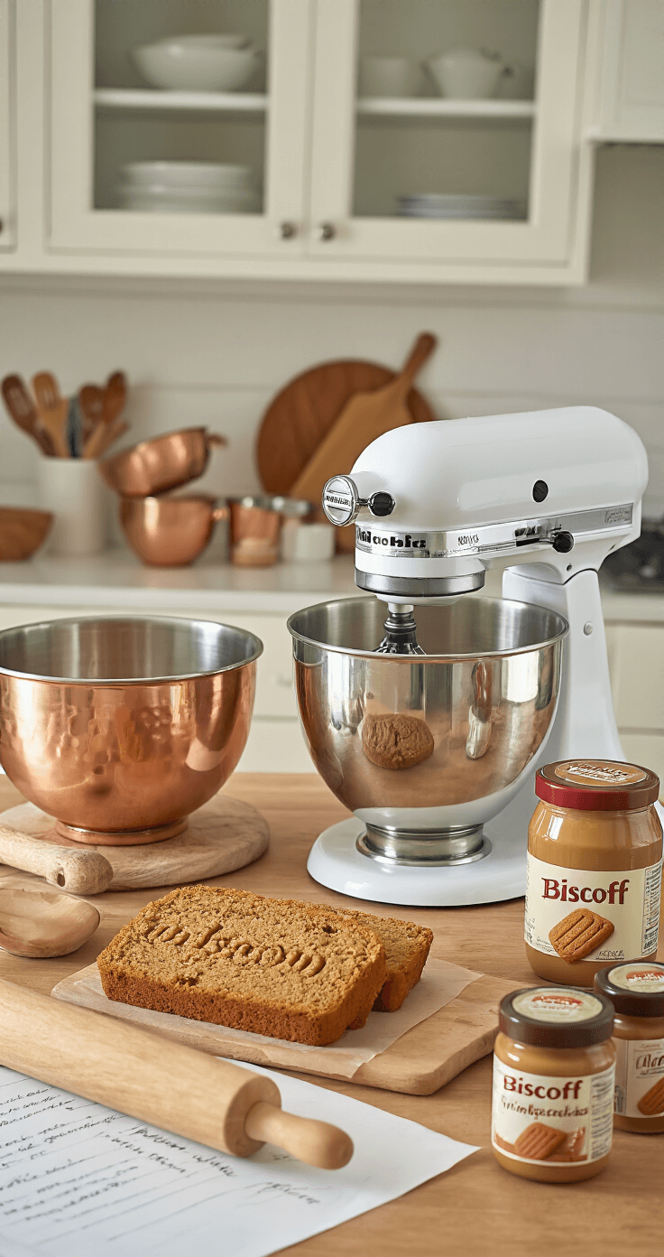 A bright kitchen countertop featuring professional baking tools including copper mixing bowls, a marble rolling pin, and jars of Biscoff spread, with a KitchenAid mixer in the background and a handwritten recipe card for added charm.