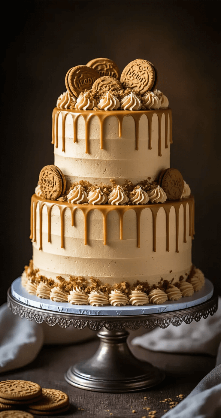 A three-tiered Biscoff cake on an antique silver stand, featuring smooth cookie butter frosting with drips, crushed Biscoff cookies, and caramel swirls, illuminated by warm ambient lighting.