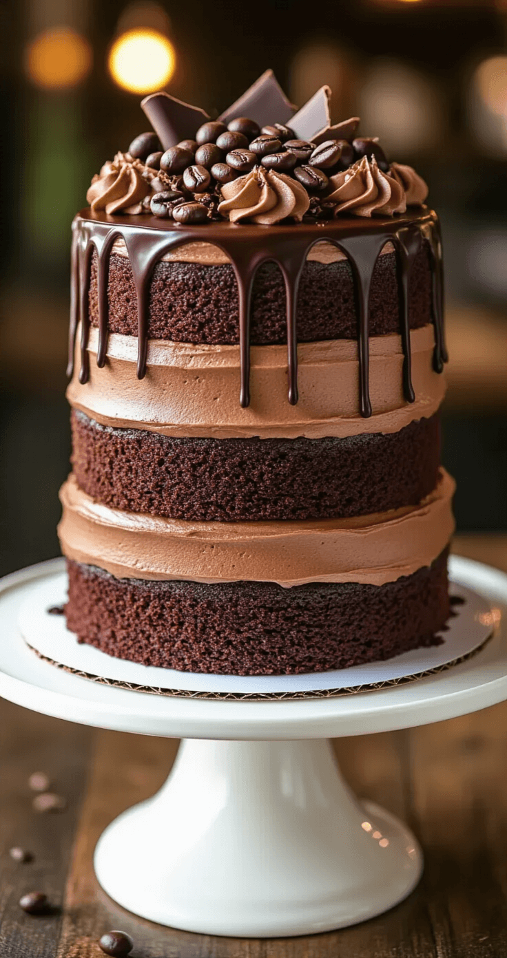 Close-up of a three-layer chocolate cake on a white ceramic stand, featuring rich ganache and mocha buttercream, adorned with coffee beans, chocolate curls, and cocoa powder, set in a warmly lit café atmosphere.