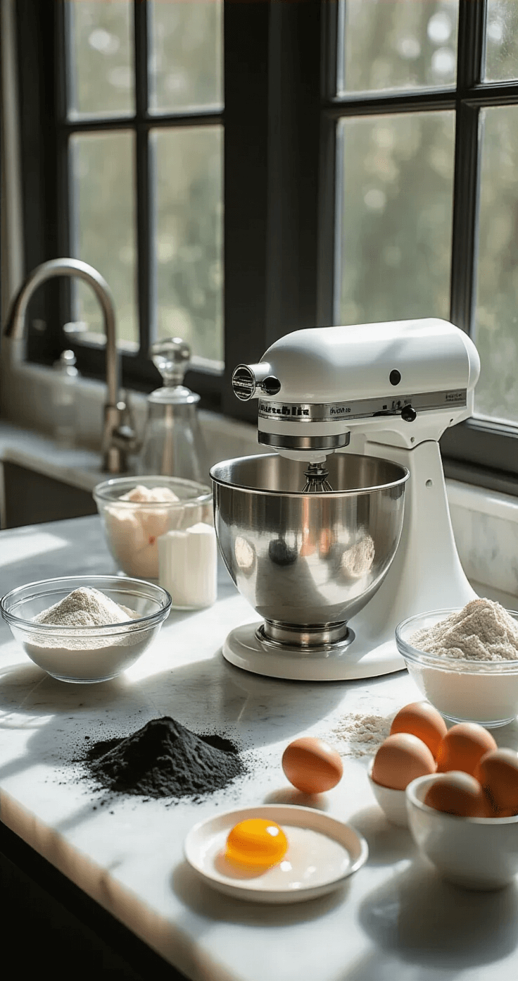 In a bright modern kitchen, a marble countertop is organized with ingredients for a charcoal vanilla cake, including bamboo charcoal powder, flour, and egg yolks, with a white KitchenAid mixer prominently featured.