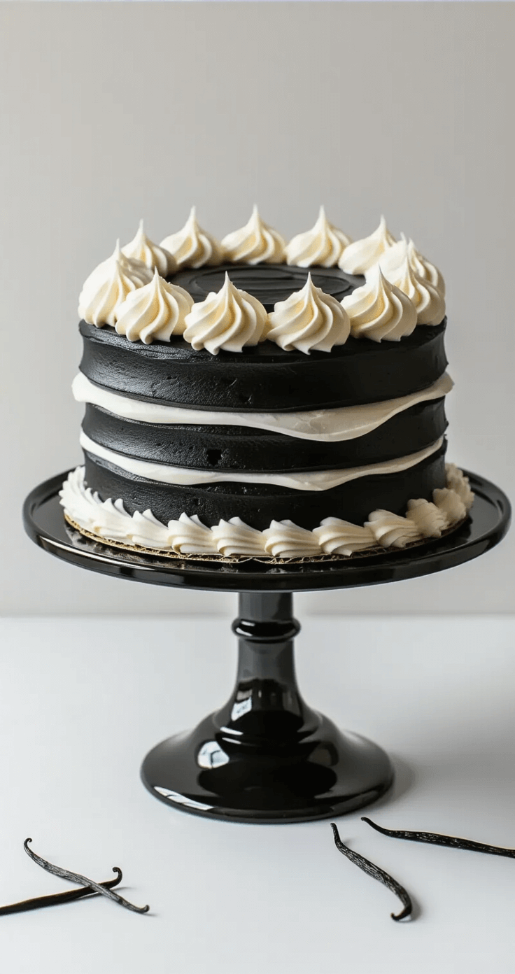 A stunning black charcoal cake with white vanilla cream frosting on a matte black stand, set against a minimalist white background, accented with vanilla beans and edible silver leaf.