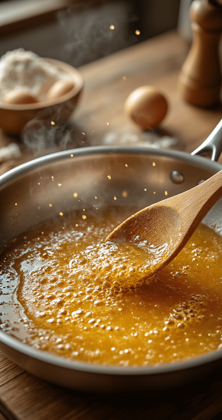 Brown Butter Maple Birthday Cake: A Decadent Celebration Dessert Cinematic close-up of bubbling brown butter in a stainless steel skillet, with caramelized bits and aromatic steam rising, while a wooden spoon stirs clockwise against a rustic kitchen backdrop with scattered baking ingredients.