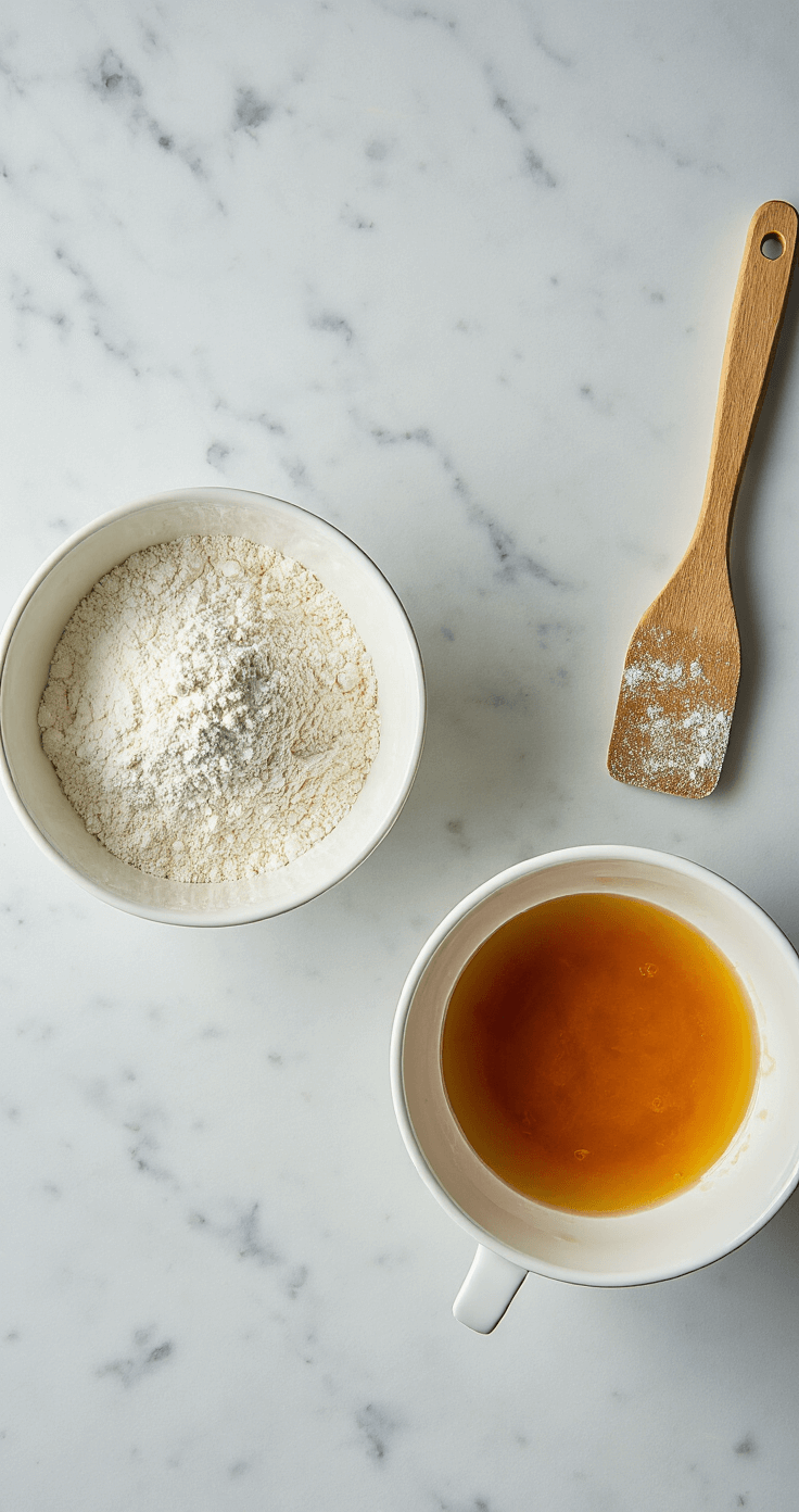 Brown Butter Maple Birthday Cake: A Decadent Celebration Dessert Overhead shot of a marble countertop featuring two white ceramic mixing bowls: one filled with sifted flour creating soft dust, the other with glossy wet ingredients and amber maple syrup, illuminated by soft natural light and complemented by a vintage wooden spatula.