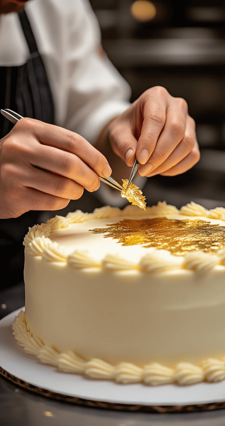 Close-up of a skilled baker using tweezers to apply edible gold leaf to a white buttercream cake, with soft lighting and a blurred professional kitchen background.