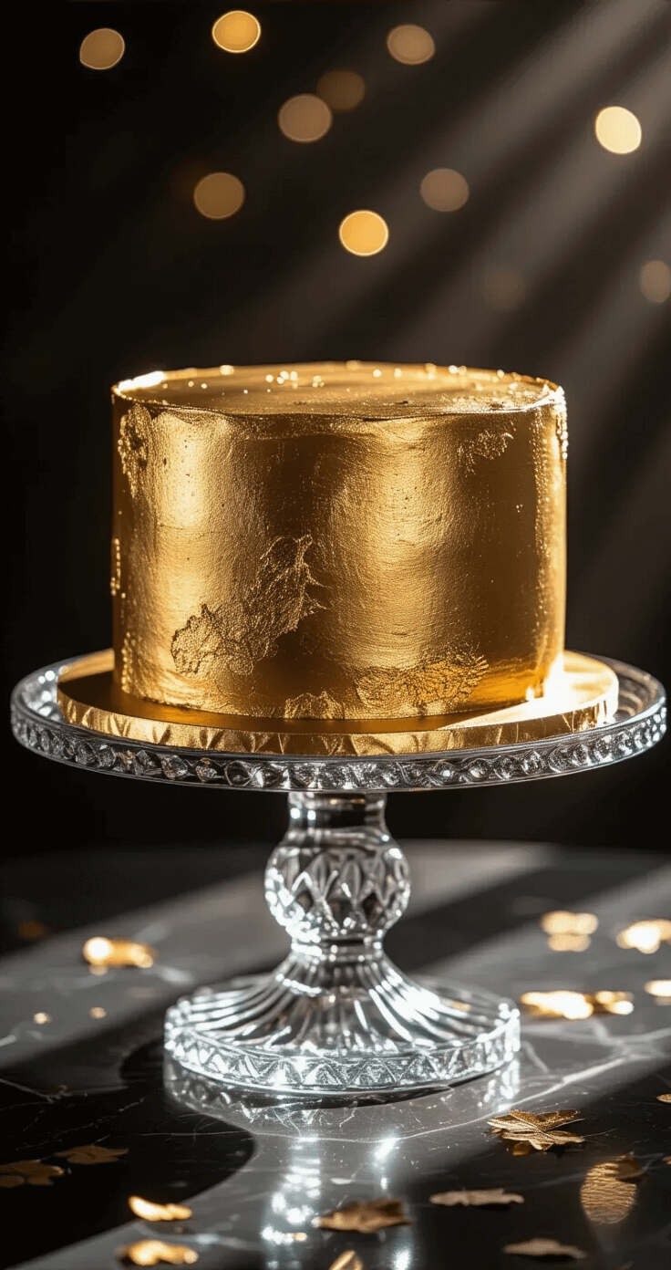 A stunning metallic gold-leaf birthday cake on an ornate crystal stand, showcased under dramatic studio lighting, highlighting its luxurious details against a sophisticated dark background with bokeh effects.