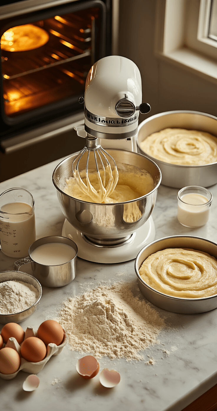 Cinematic overhead view of a warm, professional kitchen with a stand mixer, creamy cake batter, scattered flour, measuring cups of buttermilk, arranged eggshells, and steam rising from glowing cake pans in the oven.