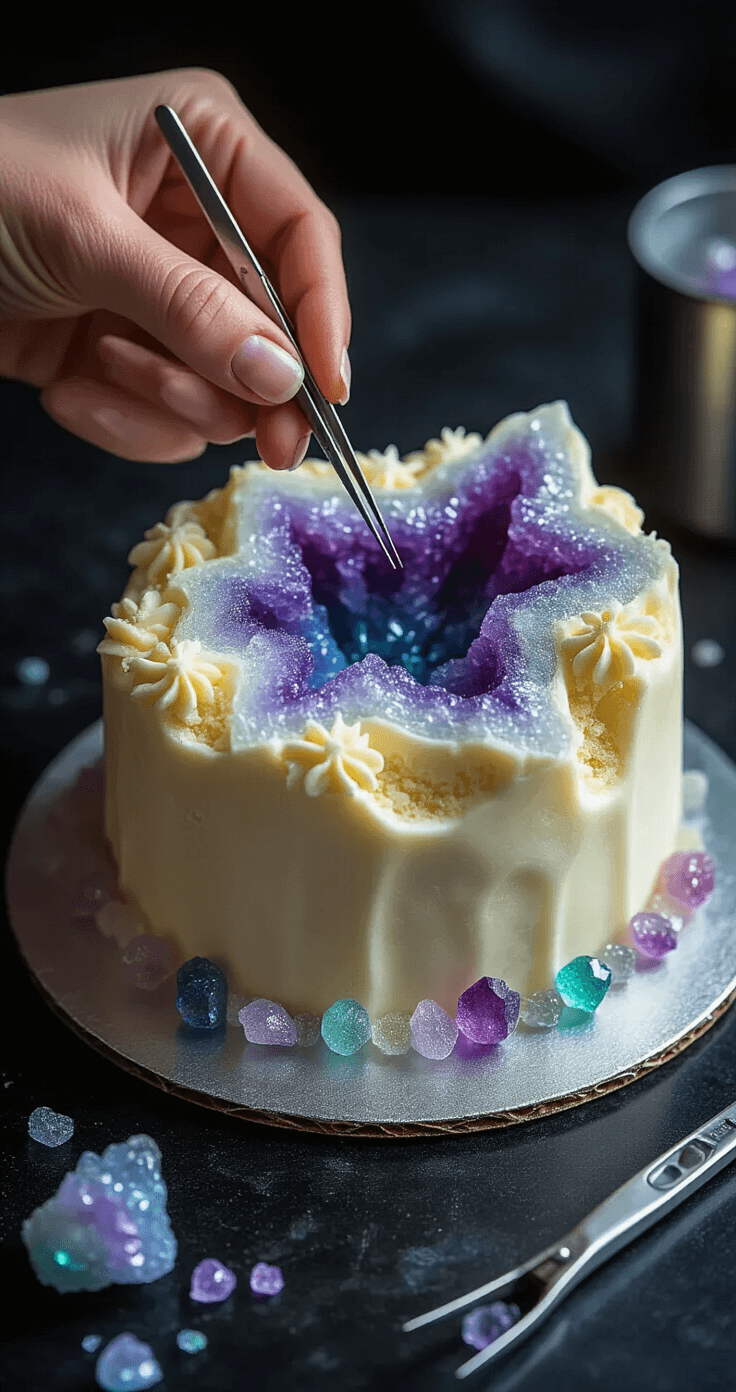 Close-up of hands using tweezers to place iridescent rock candy crystals into a buttercream cake cavity, featuring deep purple and blue gradients with silver highlights, on a dark granite surface with shadows.