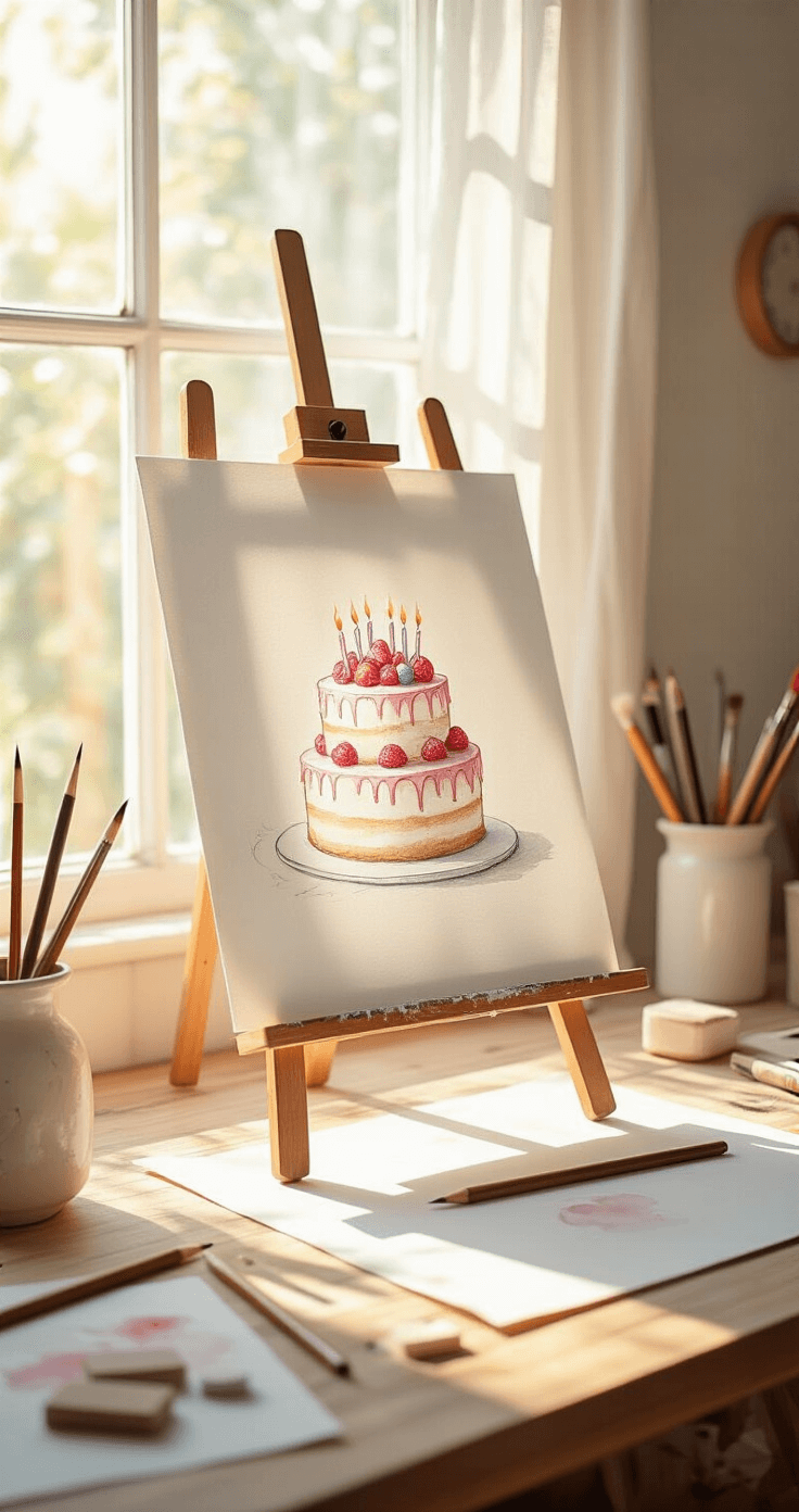A tranquil artist's workspace with watercolor paper on an easel, a light pencil sketch of a whimsical birthday cake, and scattered art supplies, all illuminated by warm golden hour light.
