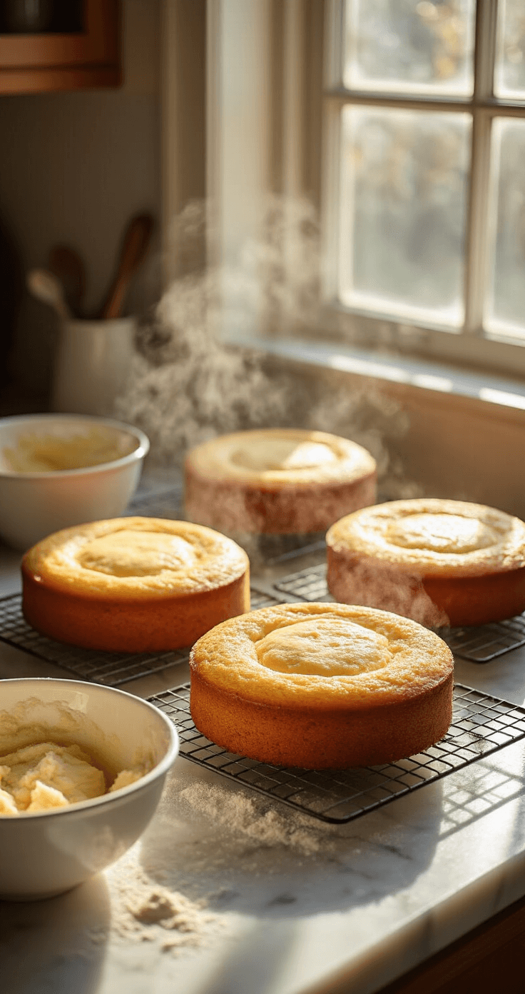 A golden-lit kitchen with three cooling round cake layers on wire racks, steam rising from their surfaces, surrounded by flour-dusted marble countertops and mixing bowls with batter remnants. Soft afternoon light creates shadows, highlighting the cakes' fluffy texture in a warm, inviting atmosphere.