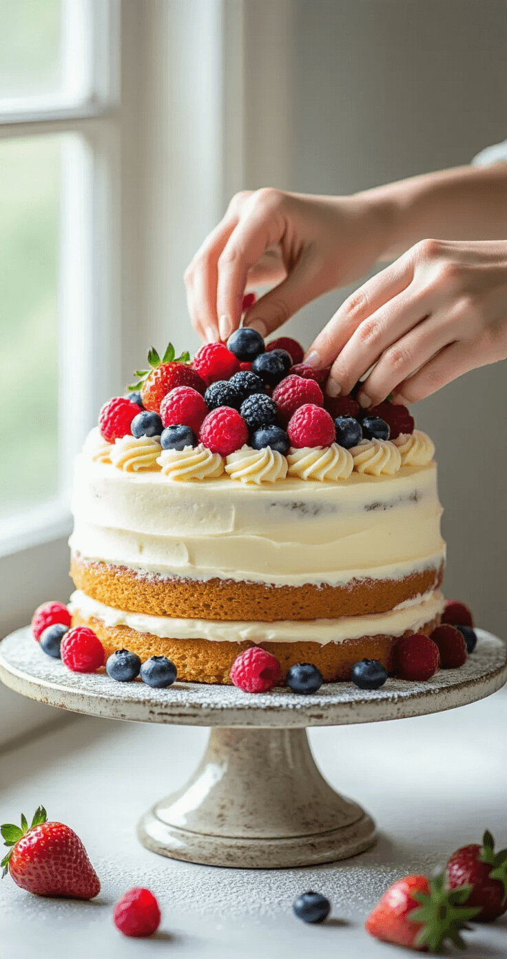 A rustic naked cake adorned with vibrant mixed berries and artistic buttercream swirls, elegantly displayed on a vintage cake stand, bathed in natural light.