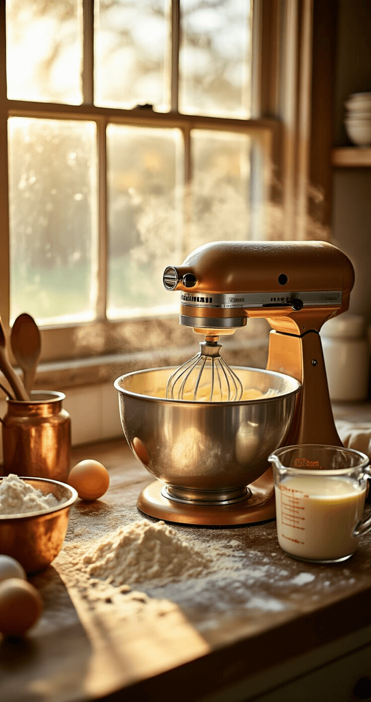 Cinematic close-up of creamy butter and sugar being mixed in a stand mixer, with warm afternoon light illuminating scattered cake flour, cracked eggshells, and steam rising from buttermilk in a vintage measuring cup, set in a rustic kitchen with copper utensils and mason jars softly blurred in the background.