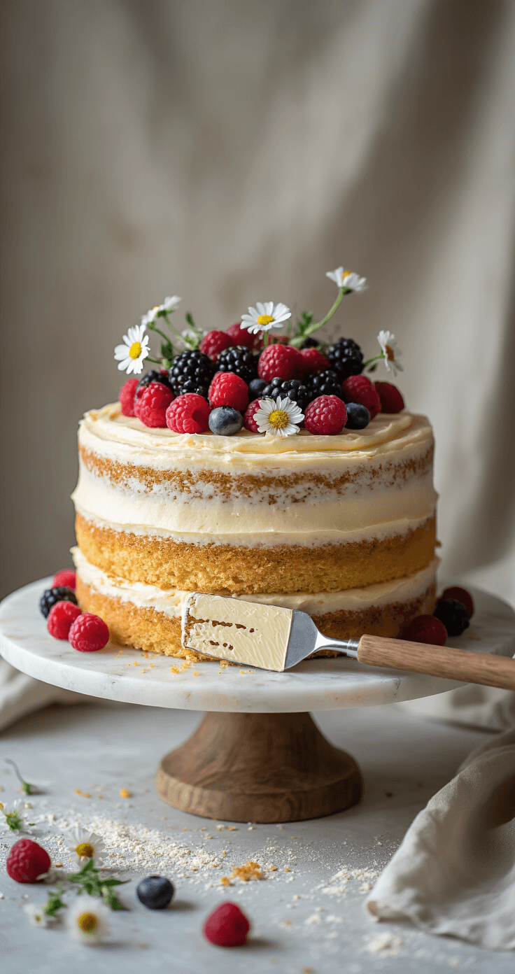 Artisanal semi-naked birthday cake on a marble turntable, featuring textured buttercream revealing golden cake layers, surrounded by fresh seasonal berries and edible flowers, with soft natural lighting accentuating rustic details on a vintage linen backdrop.