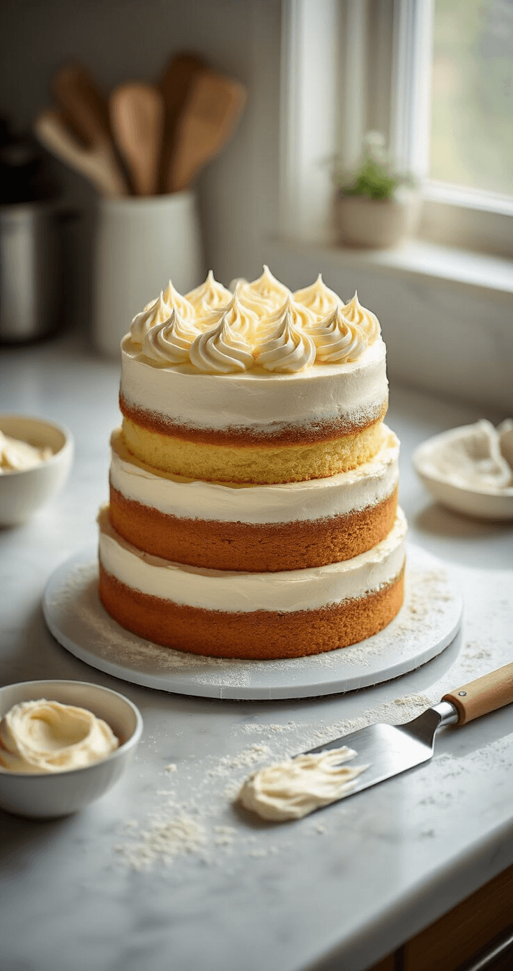 Cinematic overhead view of a pristine white kitchen counter featuring three golden vanilla cake layers stacked with fluffy white buttercream, an offset spatula beside the cake, soft natural light creating gentle shadows, scattered powdered sugar on marble, and a professional cake turntable in the center.