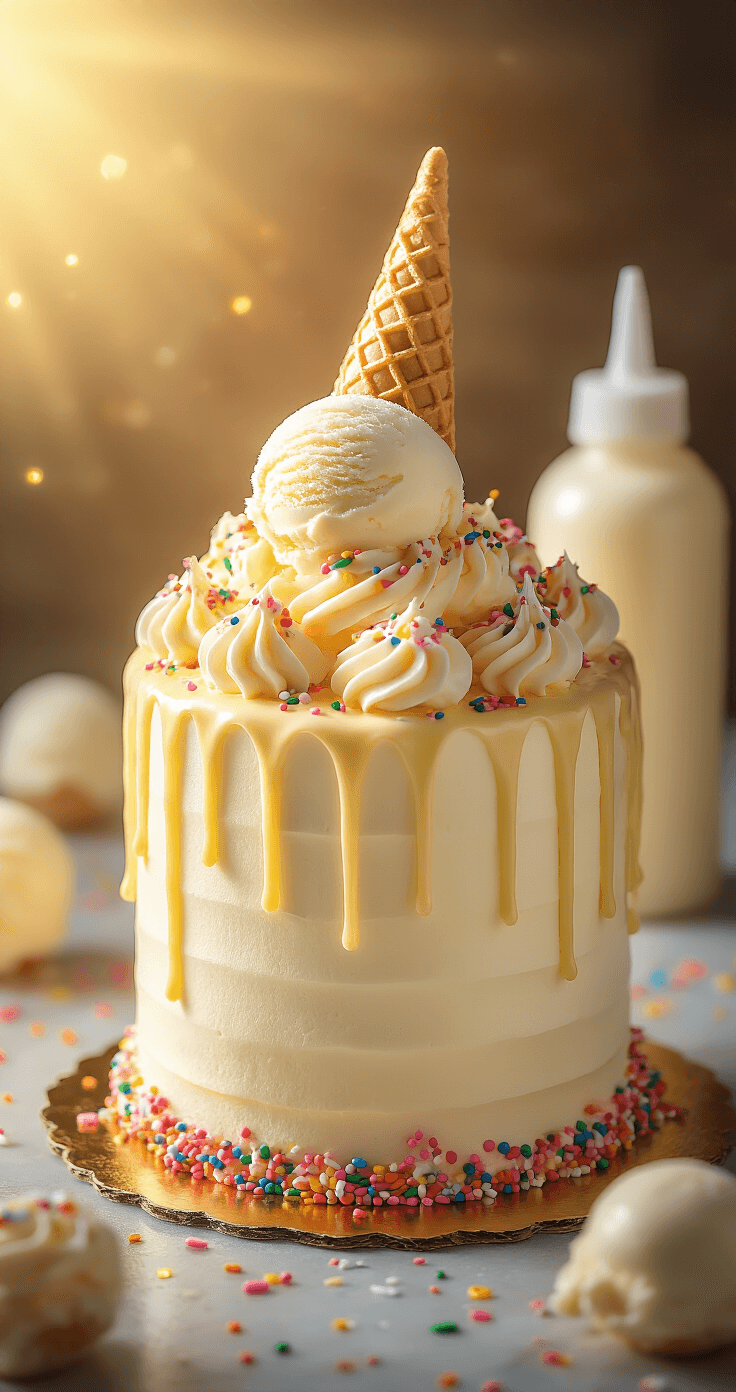 A close-up of a melting ice cream drip cake during golden hour, featuring elegant white chocolate drips, a sugar cone topped with a realistic cake pop ice cream scoop, vibrant rainbow sprinkles, and confetti, all highlighting the rich buttercream textures.