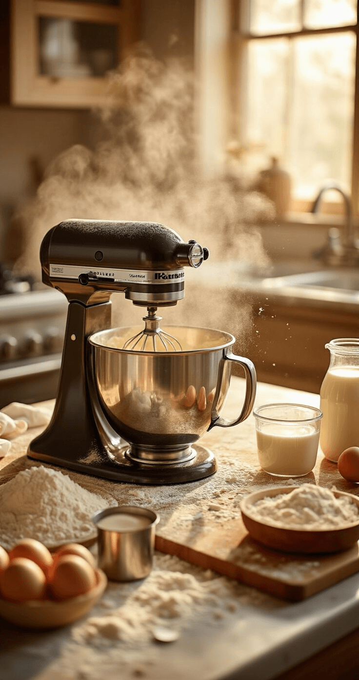 A warm, golden-lit kitchen scene showcasing the cake baking process, featuring a stand mixer with creamy butter and sugar, flour clouds in the air, cracked eggshells on marble countertops, and measuring cups of buttermilk catching soft morning light, all set against a preheated oven glowing at 335°F, evoking a sense of culinary magic.