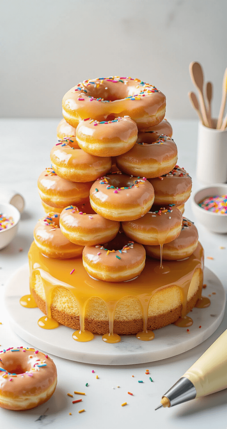 Overhead view of a golden glazed doughnut tower on a cake base, adorned with colorful sprinkles, surrounded by piping tools on a white marble surface, evoking a festive atmosphere.