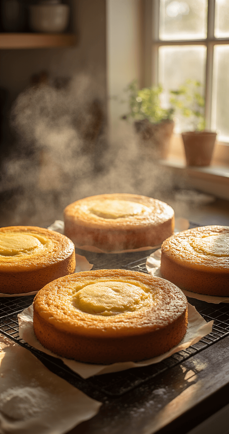 Cinematic overhead shot of four golden-brown cake layers cooling on wire racks in a sunlit kitchen, with steam rising and soft natural light creating a dreamy atmosphere.