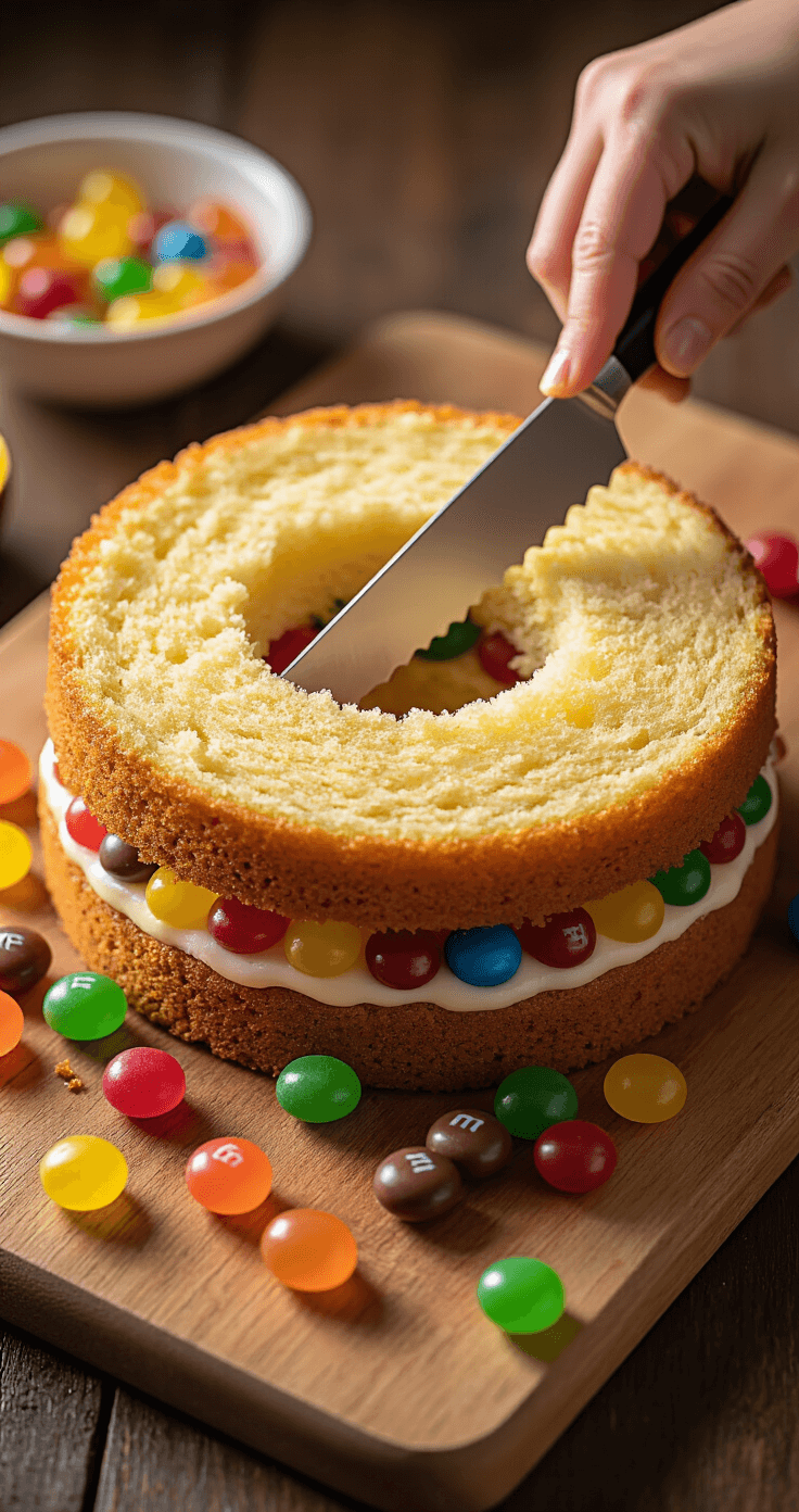 Dramatic close-up of hands using a serrated knife to cut a circular cavity in cake layers, with colorful mini candies like M&Ms, gummy bears, and jelly beans scattered around a rustic wooden cutting board, illuminated by warm kitchen lighting.