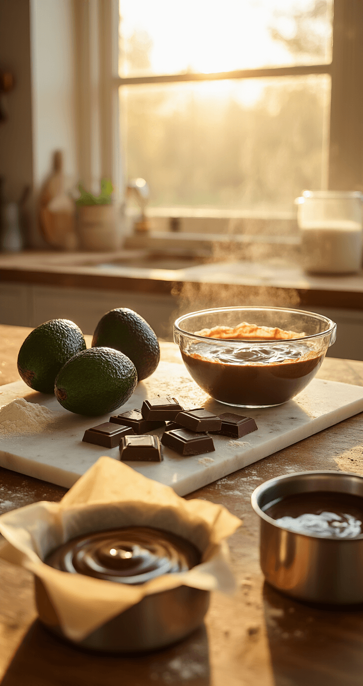 Cinematic overhead shot of a rustic kitchen counter with three ripe avocados, dark vegan chocolate, and melted chocolate in a glass bowl, surrounded by flour dust and measuring cups with plant milk, all illuminated by warm golden hour sunlight.