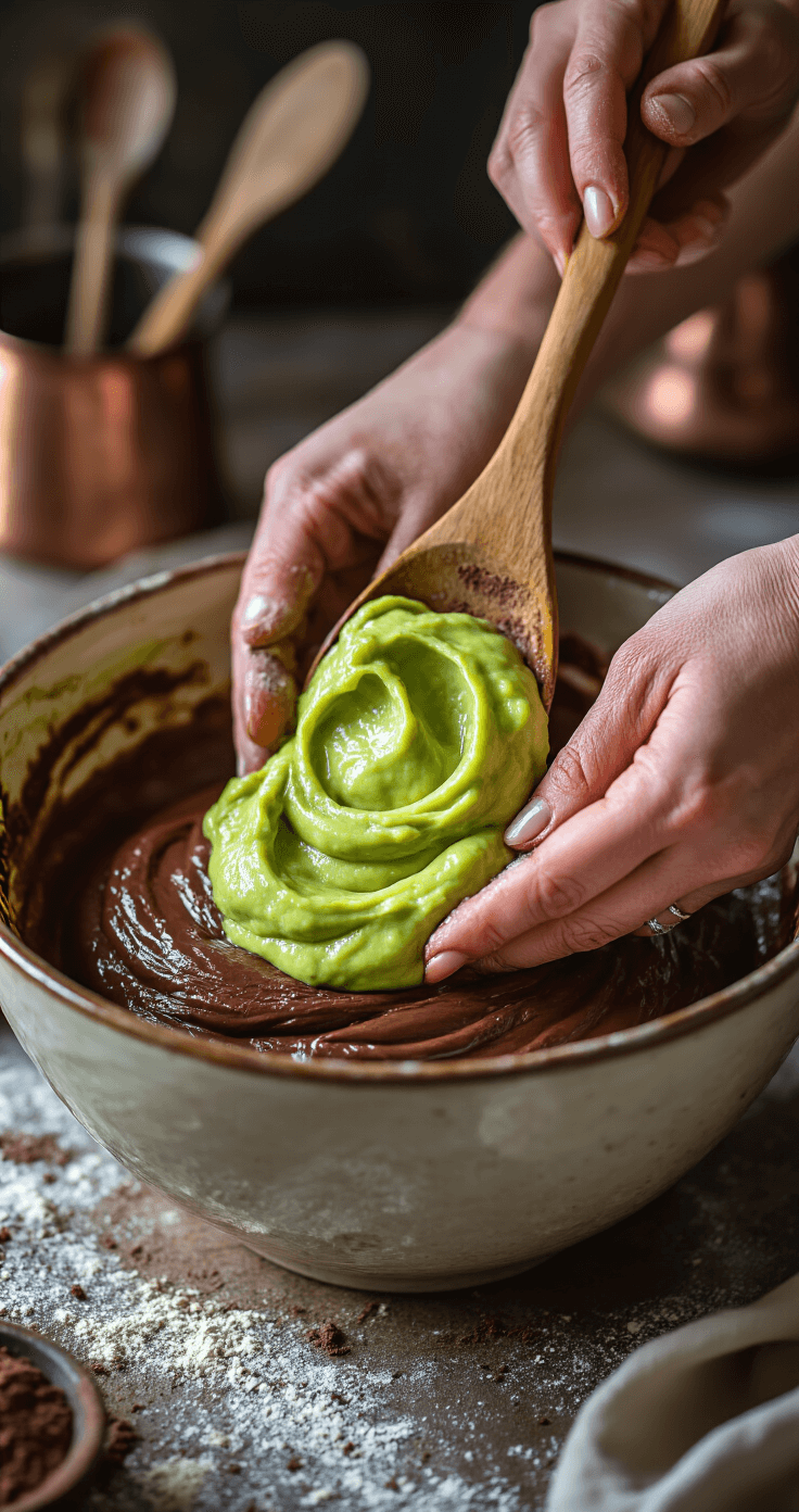 Close-up of hands folding avocado mixture into cocoa-dusted flour in a ceramic bowl, showcasing velvety chocolate batter with green undertones, accented by glistening vanilla droplets and wisps of cocoa powder in soft kitchen light.