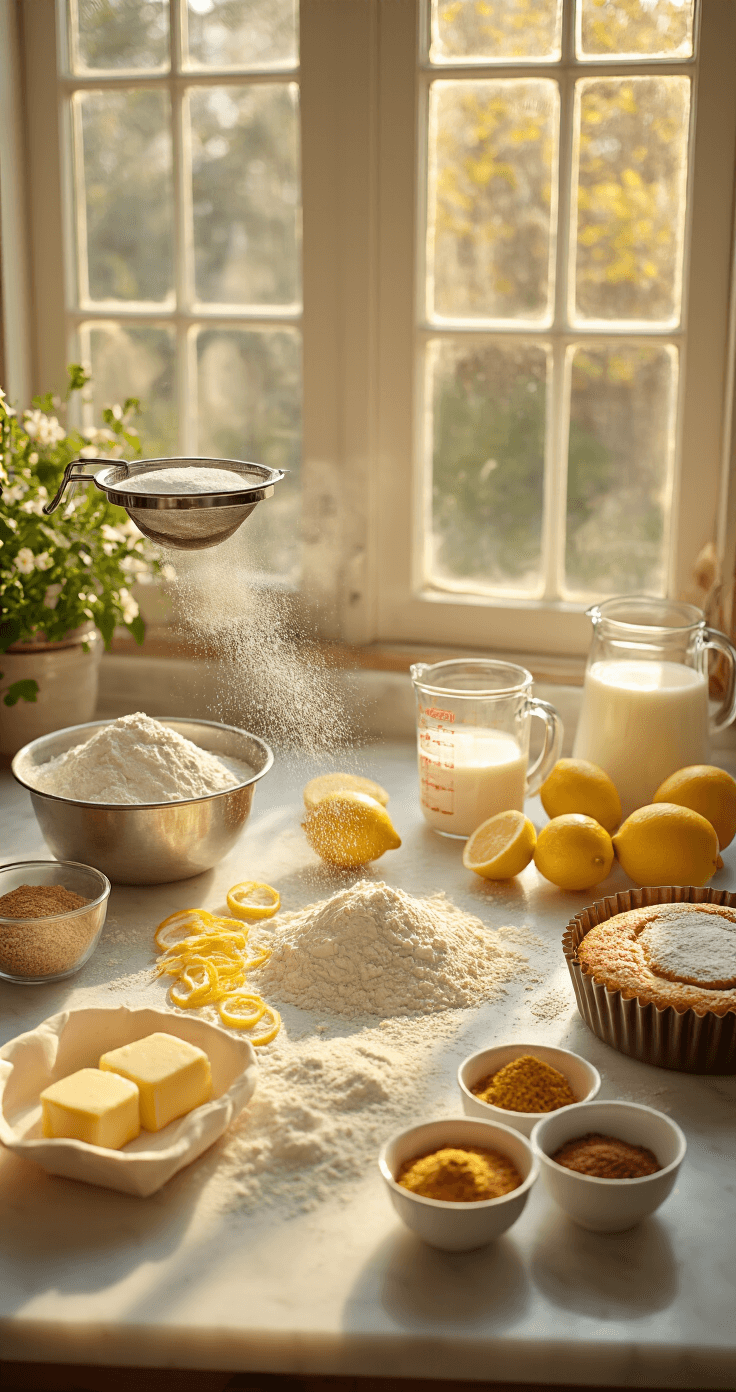 Cinematic overhead view of a sunlit marble kitchen workspace with arranged baking ingredients, including flour, lemons, coconut milk, and spices, alongside steaming vegan butter and prepared cake pans.