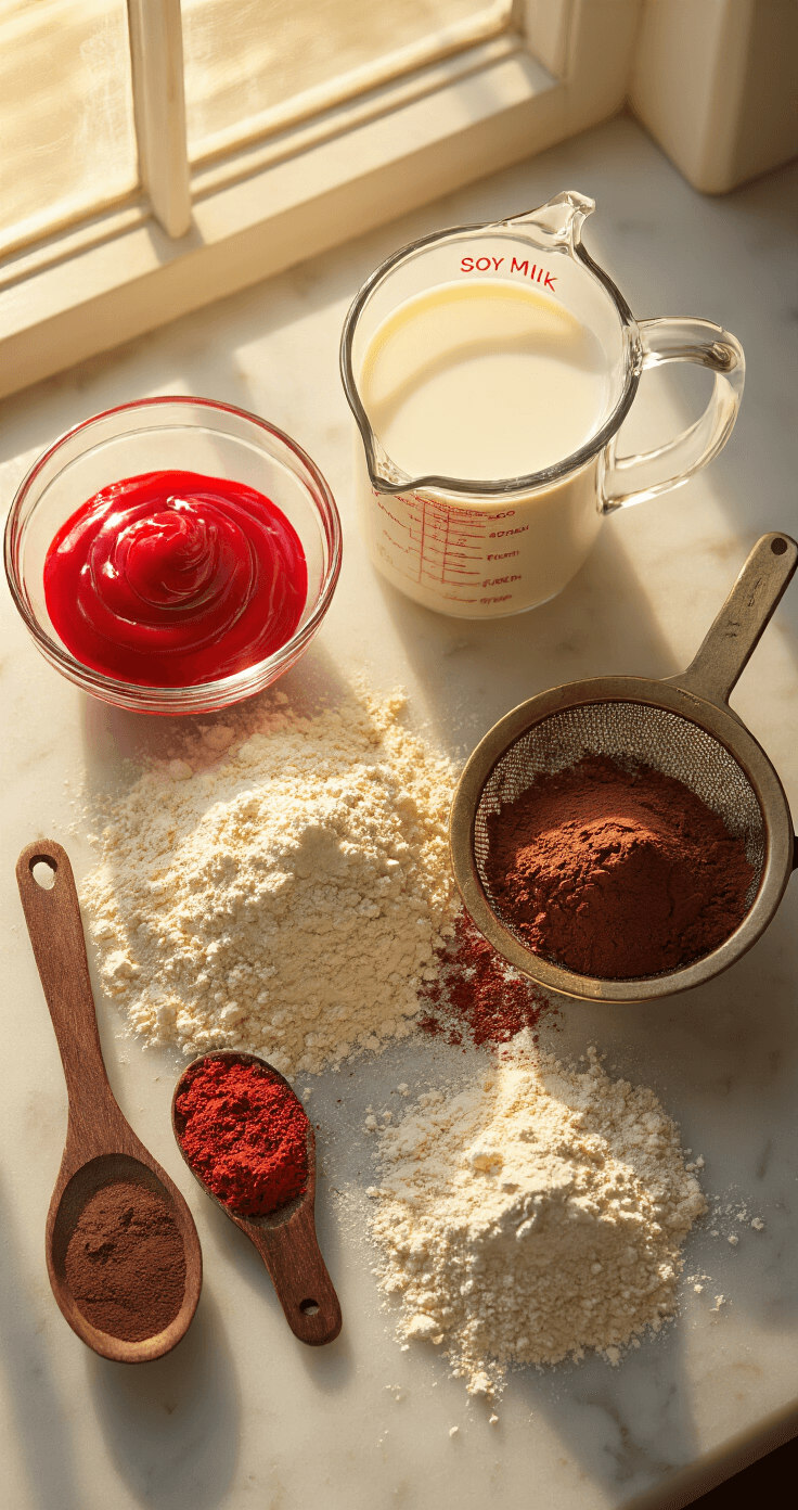 Cinematic overhead shot of vegan baking ingredients on a marble countertop with warm golden hour lighting, featuring vibrant red food coloring gel, creamy soy milk in a vintage measuring cup, rich cocoa powder on dark wooden spoons, and flour cascading from a rustic sieve, creating soft shadows across the scene.