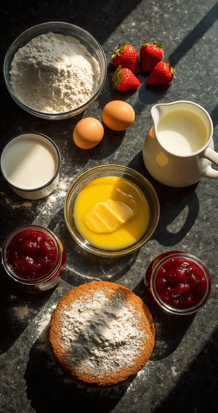 A cinematic overhead view of a pristine kitchen counter in warm morning light, showcasing arranged vegan baking ingredients including flour, melted vegan butter, strawberry preserves in an antique jar, and creamy non-dairy milk in a vintage pitcher, with soft shadows enhancing the scene's depth and texture.