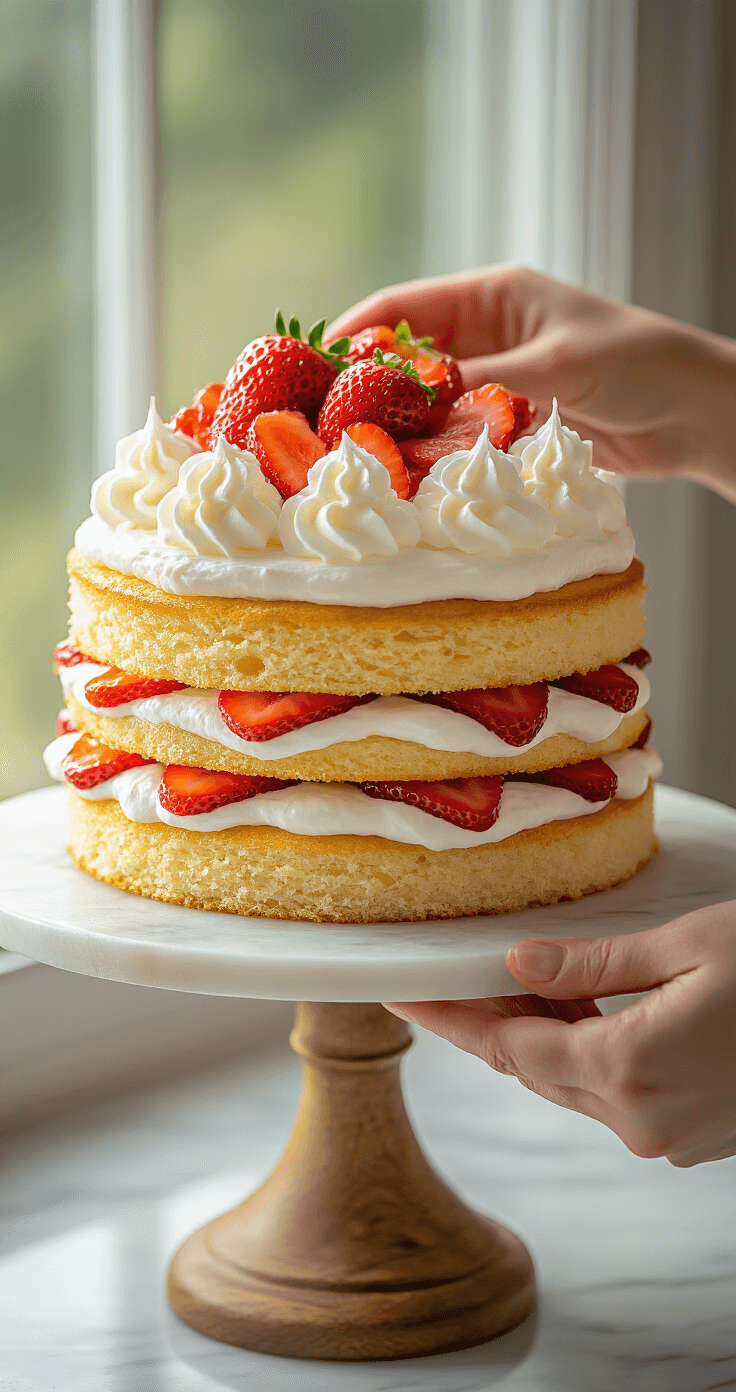Close-up of hands layering vegan sponge cake with coconut whipped cream and strawberry slices, illuminated by soft natural light on a marble cake stand.