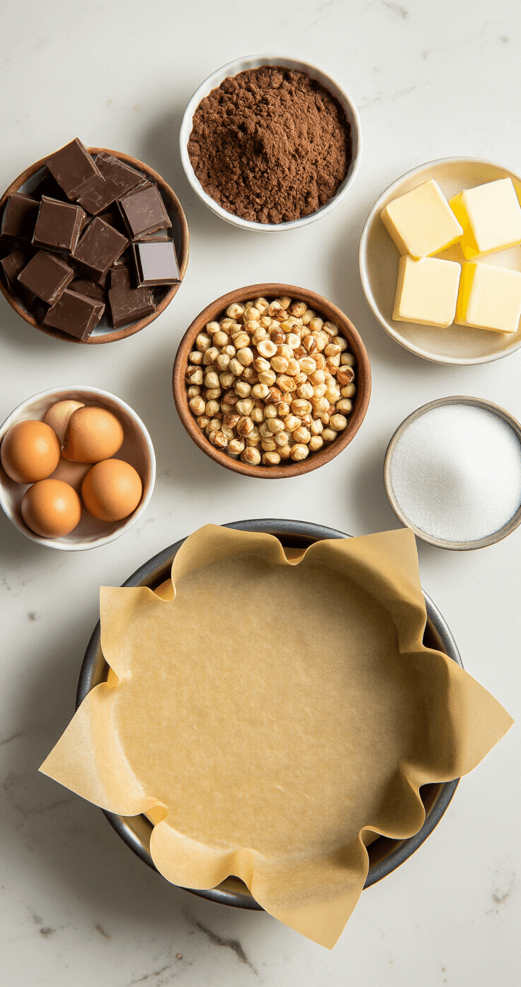 Cinematic overhead shot of a marble kitchen counter featuring organized baking ingredients: dark chocolate chunks, ground toasted hazelnuts, farm-fresh eggs in a wooden bowl, softening butter in ramekins, sparkling sugar in glass bowls, and a buttered springform pan lined with parchment paper, all illuminated by warm golden hour light.
