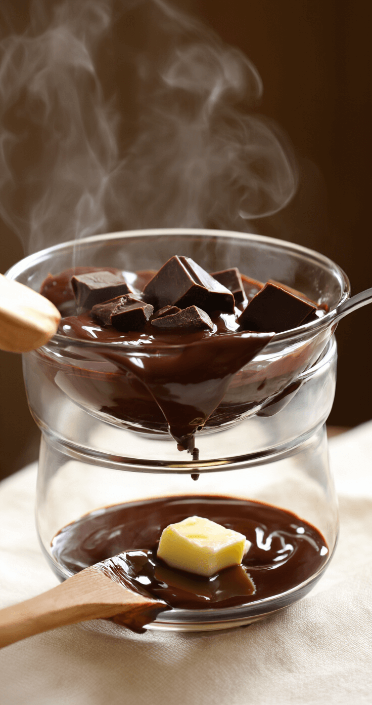 Intimate close-up of dark chocolate melting in a glass bowl over simmering water, with steam rising in the background, reflecting light off its glossy surface, while butter pieces blend in, and a wooden spoon rests against the bowl's rim, all bathed in warm amber tones.