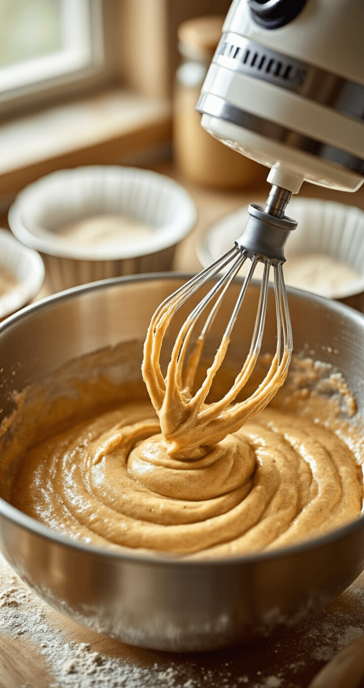 Close-up of an electric mixer blending rich amber cake batter with chai spices in a stainless steel bowl, with soft focus on parchment-lined cake pans in the background and warm kitchen lighting enhancing the glossy texture.