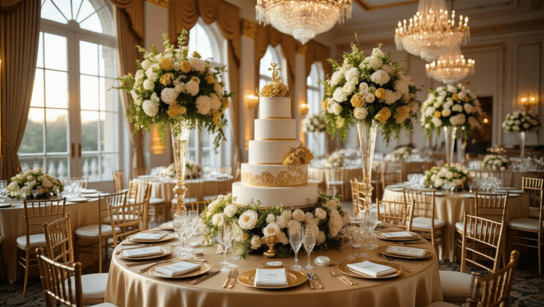 A luxurious ballroom celebrating a 70th birthday with golden hour lighting, crystal chandeliers, elegantly dressed tables adorned with floral centerpieces, a three-tiered cake, and well-dressed guests mingling near a grand piano.