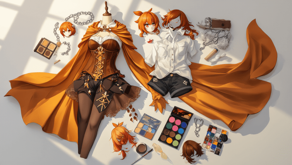 A flat lay of anime cosplay elements on a white background, featuring a brown corset, amber cape, white shirt, dark shorts, colorful wigs, silver chain accessories, and makeup palettes, all illuminated by soft golden lighting.